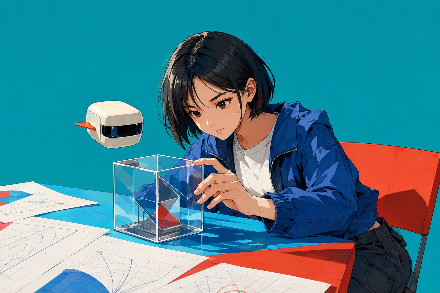 An original anime student and Spark companion experimenting at a creative workbench.