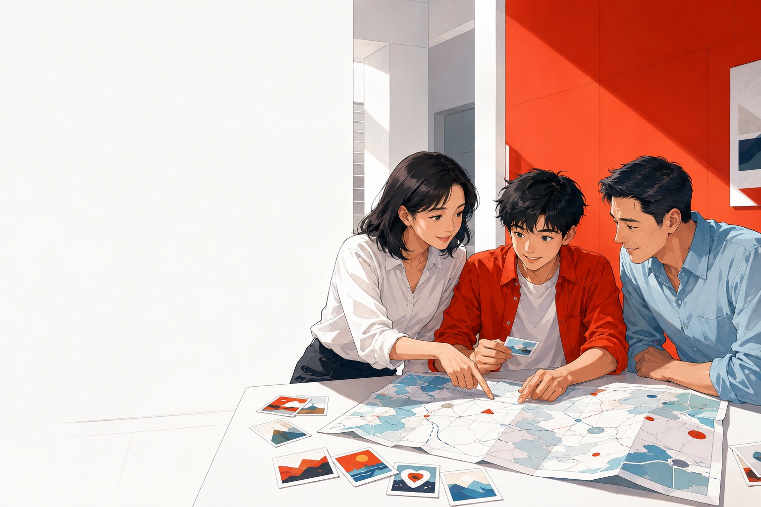 Original anime scene of a teenager and parents considering a map together at home.