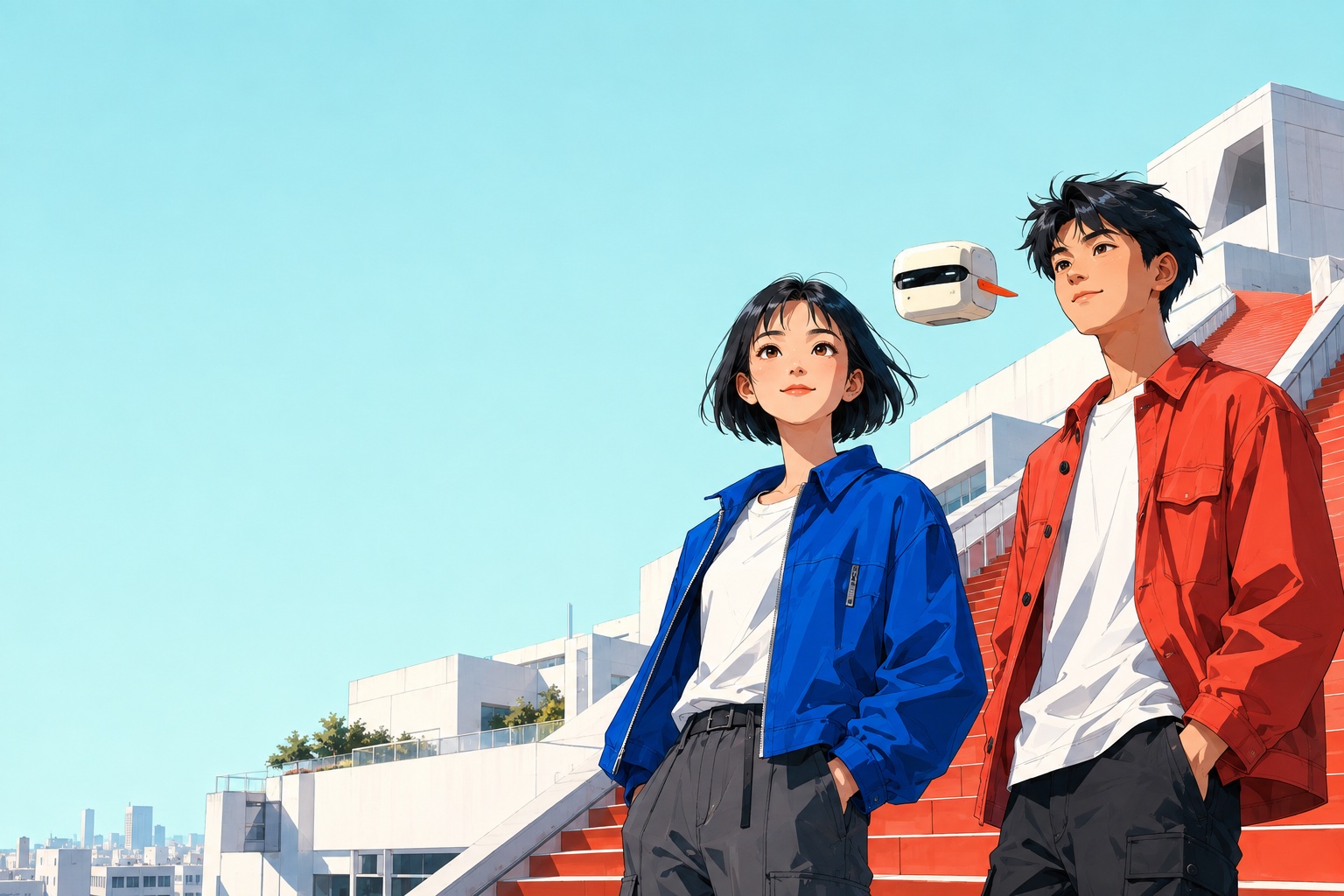 Original anime illustration: two teenagers and their Spark companion looking out from a sunlit campus.